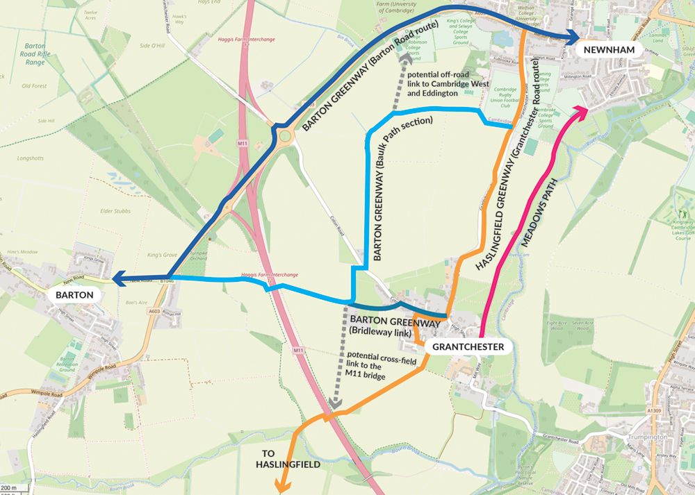 Map showing Barton and Haslingfield Greenways and nearby links