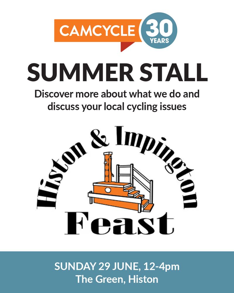 Camcycle 30 logo. Text 'Summer Stall: Discover more about what we do and discuss your local cycling issues'. Histon and Impington Feast logo. Text: Sunday 29 June, 12-4pm, The Green, Histon