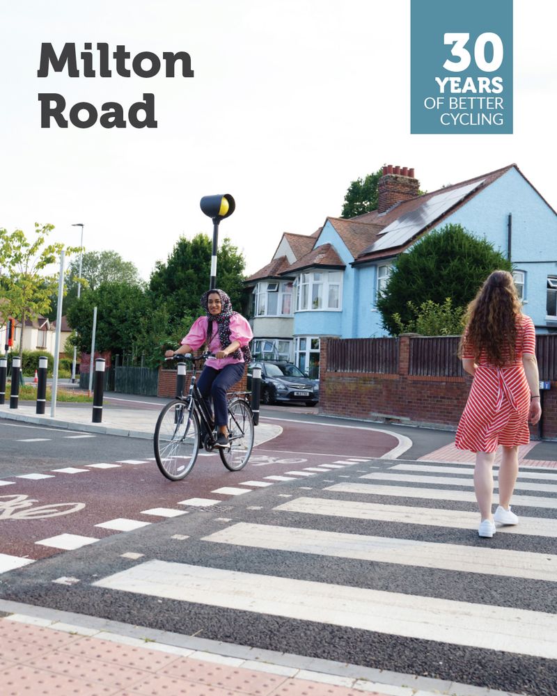 A cyclist in a headscarf rides on the cycle lane part of the parallel crossing at Highworth Avenue while a woman in a striped dress walks the other way on the zebra crossing. Overlaid is a '30 years of better cycling' logo and the text 'Milton Road'.