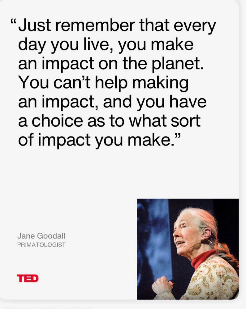 "Just remember that every day you live, you make an impact on the planet.
You can't help making an impact, and you have a choice as to what sort of impact you make"

Image of Jane Goodhall. 