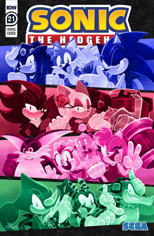 (fake IDW Sonic cover version) An illustration inspired by Sonic Heroes. The picture is divided in 4 segments, each including one of the 4 teams featured in the game. In order of top to bottom: 
-Team Sonic (Sonic the Hedgehog, Miles Tails Prower and Knuckles the Echidna) colored in blue. 
-Team Dark (Shadow the Hedgehog, Rouge the Bat and E-123 Omega) colored in red.
-Team Rose (Amy Rose, Cream the Rabbit & Cheese the Chao and Big the Cat) colored in pink.
-Team Chaotix (Espio the Chameleon, Charmy Bee and Vector the Crocodile) colored in green.
 