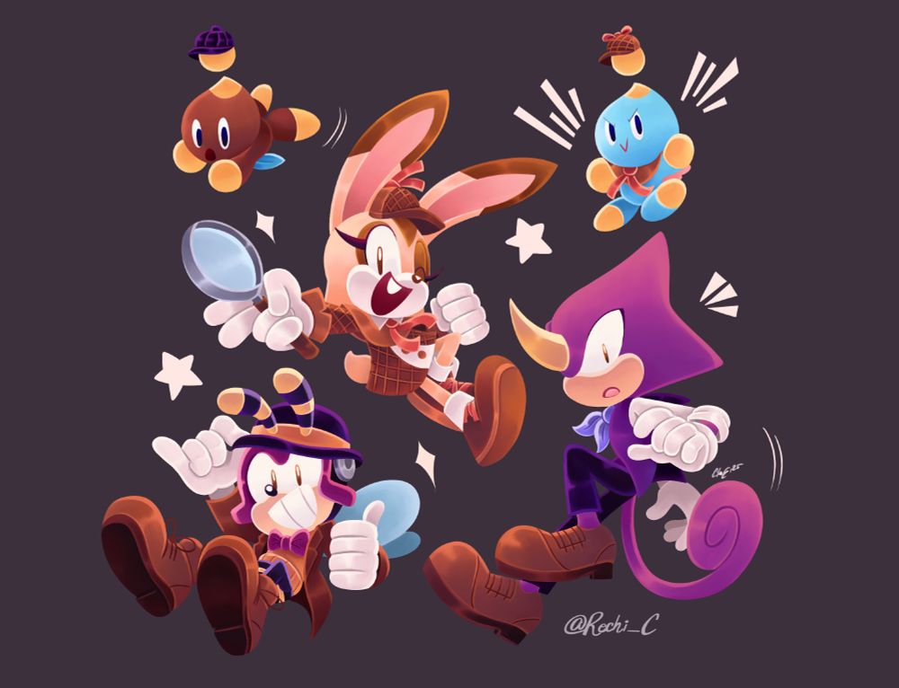 A drawing featuring Cream the Rabbit, Charmy Bee, Espio the Chameleon, Cheese and Chocola the Chao in detective/Victorian era- inspired outfits 