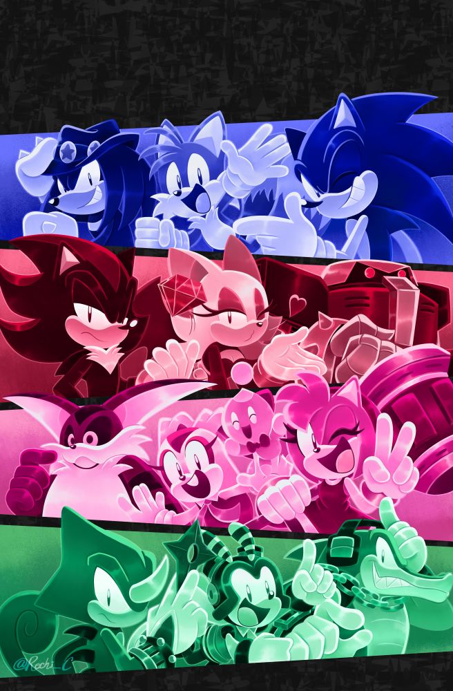An illustration inspired by Sonic Heroes. The picture is divided in 4 segments, each including one of the 4 teams featured in the game. In order of top to bottom: 
-Team Sonic (Sonic the Hedgehog, Miles Tails Prower and Knuckles the Echidna) colored in blue. 
-Team Dark (Shadow the Hedgehog, Rouge the Bat and E-123 Omega) colored in red.
-Team Rose (Amy Rose, Cream the Rabbit & Cheese the Chao and Big the Cat) colored in pink.
-Team Chaotix (Espio the Chameleon, Charmy Bee and Vector the Crocodile) colored in green.
 