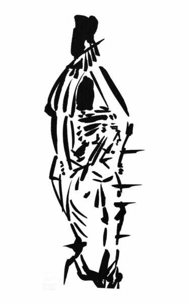 A somewhat abstract black on white ink drawing of St Sebastian, bound to a pole and pierced by arrows. 