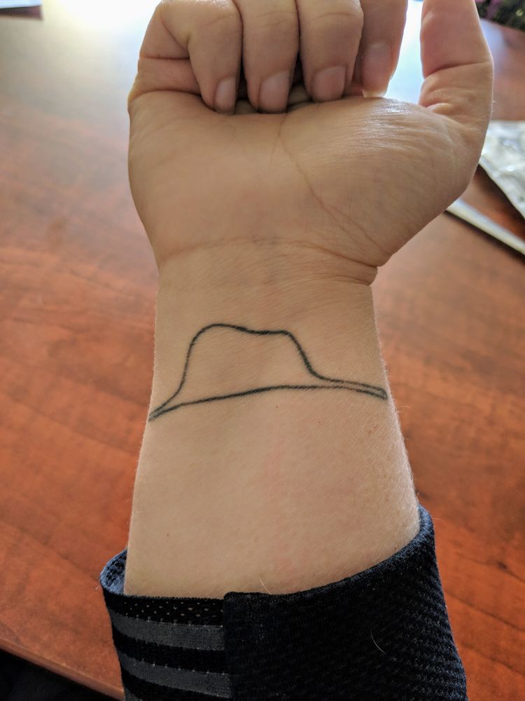 Dessin numéro 1 (drawing number 1) from Antoine de Saint-Exupéry's Le Petit Prince (The Little Prince), on an inner wrist.
At first glance it may appear to be a simple black outline of a slightly squashed men's hat, but the discerning viewer will see that it is in fact a boa constrictor who has eaten an elephant. 