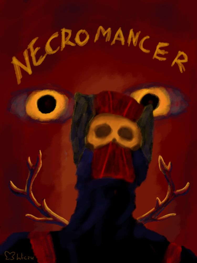 Drawing of a character Clancy from Twenty One Pilots lore. He wears a masc but underneath is a skull, behind his back are antlers and big yellow eyes, there is also big "necromancer" word above him. Whole drawing is in black, red and yellow colors.