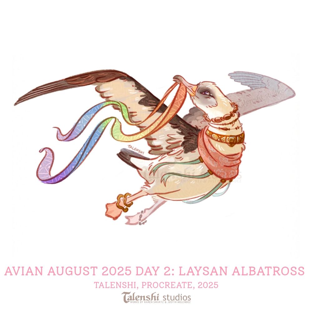 drawing of a Laysan albatross dressed in decorative necklaces and cowl, flying and carrying a flowing rainbow ribbon. Drawn by me, Talenshi, in procreate on iPad pro.
