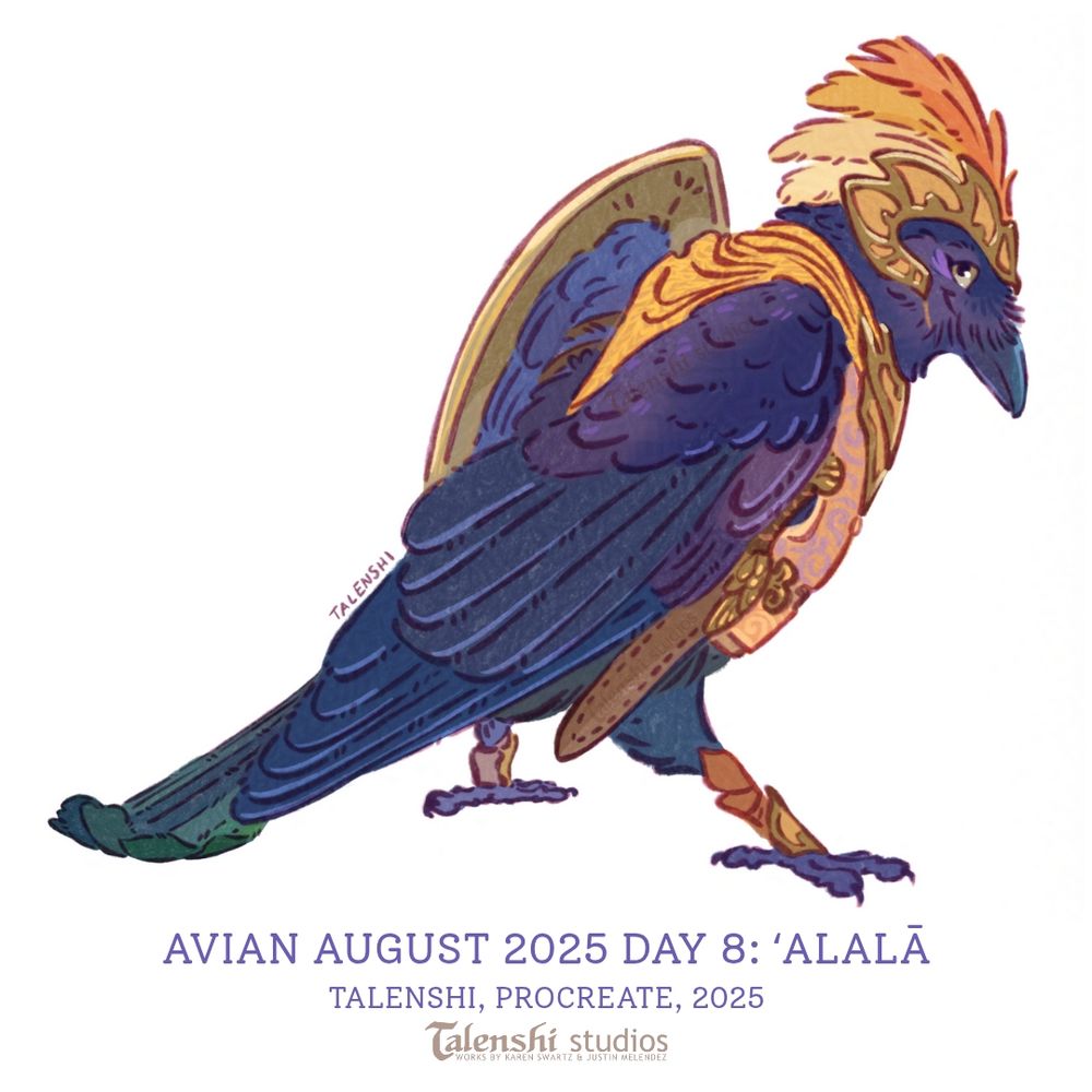 drawing of an ʻAlalā wearing a brass helmet with red and yellow feathers on the back, a yellow cloak, brass breastplate, pink tunic and belt, and a shortsword. The bird has a midsize brass shield attached to their far wing. Drawn by Talenshi in procreate, 2025