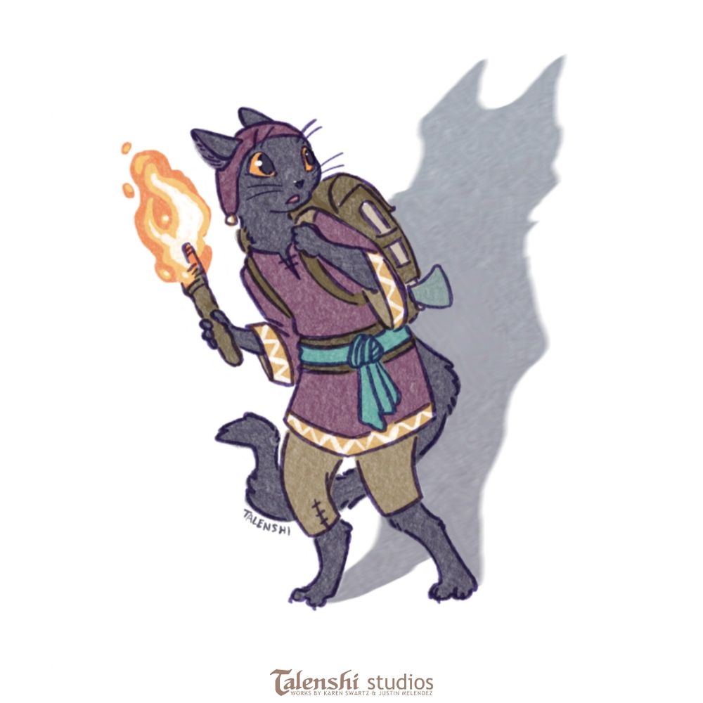 My drawing of an anthropomorphic black cat carrying a backpack and a torch. He's looking over his shoulder, frightened by his own shadow cast by the torch. 