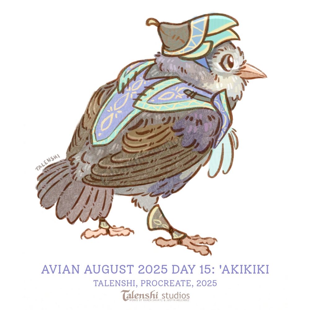drawing of a juvenile 'Akikiki facing away to the right with their wings folded. They wear a purple and light teal tunic with yellow embroidery, a matching cap reminiscent of an upside down flower, and tan leg wraps. Drawn by Talenshi in procreate, 2025