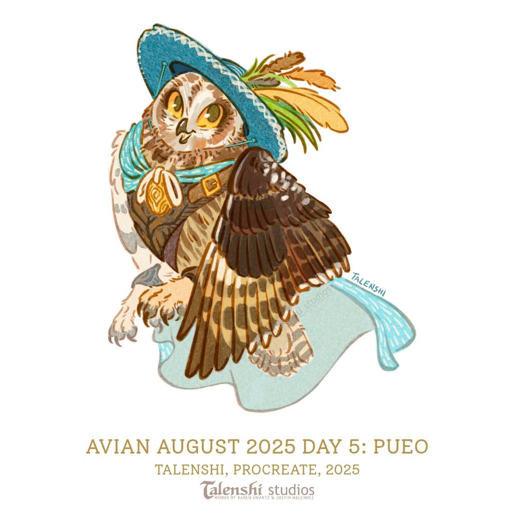 drawing of a very happy Hawaiian short eared owl hopping through the air. They wear a leather breastplate, teal cloak with a gold brooch and a teal hat adorned with tussock sedge and a fluffy yellow feather. Drawn by Talenshi in procreate, 2025