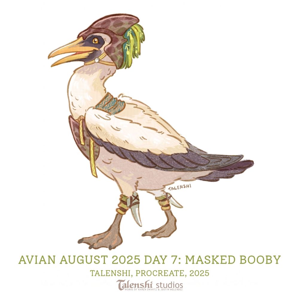 Alt text: drawing of a masked booby wearing sharkskin armor with decorative sea grass on the back of the helmet. Attached to each leg is a shark tooth spur. Drawn by Talenshi in procreate, 2025