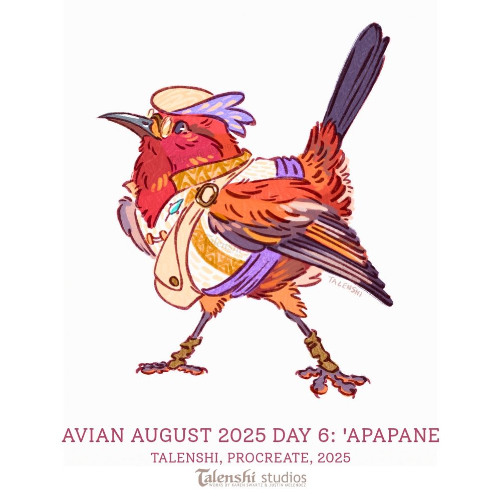 drawing of an ‘Apapane dressed in a cream and gold colored vest, tan and purple cap and purple belt. They wear round glasses and a teal feather pin on the vest, and carry a tan satchel. Drawn by Talenshi in procreate, 2025