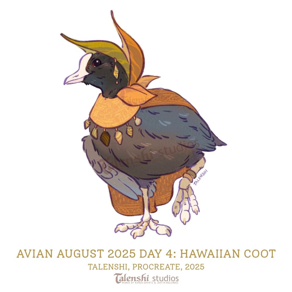 drawing of a Hawaiian Coot standing with one foot raised.  They wear a hat made of leaves, a yellow shawl with pretty stones hanging from it, and a rusty orange cloak. Drawn by Talenshi in procreate, 2025
