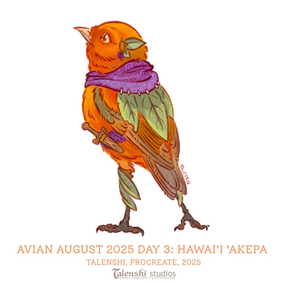 drawing of a Hawai’i ‘Akepa standing up tall and looking away to the left. They wear a purple cowl, minimal leaf armor and a small dagger attached to a purple belt. Drawn by Talenshi in procreate, 2025
