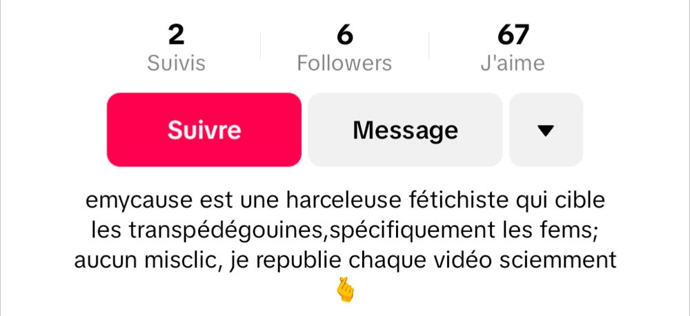 Bio de plusbellelastreet sur son compte fétichise par Emycause - compte dédié aux diffamations, manipulations et harcèlement sur moi qui dit que je suis une harceleuse fétichiste qui cible les tpg surtout les fems et affirme qu'elle ne fait aucun misclic mais republie les choses sciemment. 