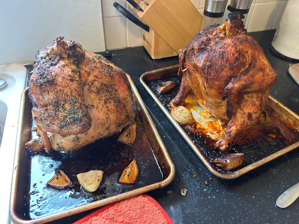 Two roasted chickens sitting on beer cans. One is lemon-thyme-sage-etc. One is paprika-apple-etc