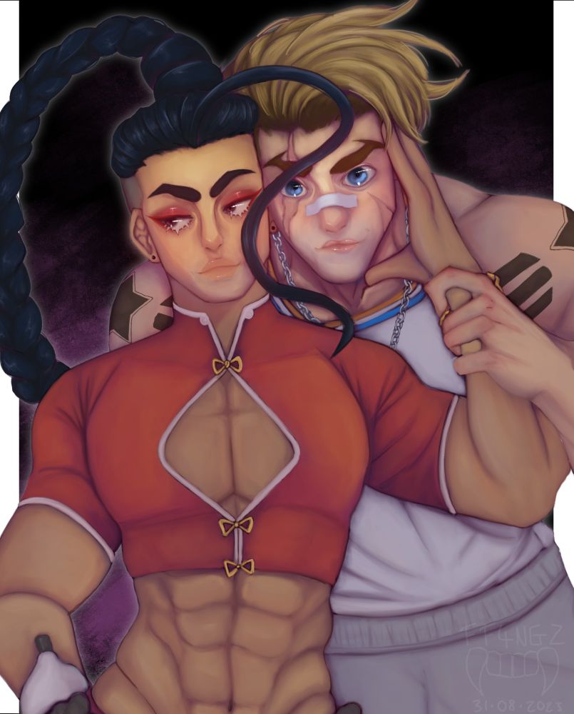 luke and jamie from street fighter 6 holding each other. jamie is looking away from the camera and luke is looking towards the camera with no thoughts in his brain. #streetfighter #art 