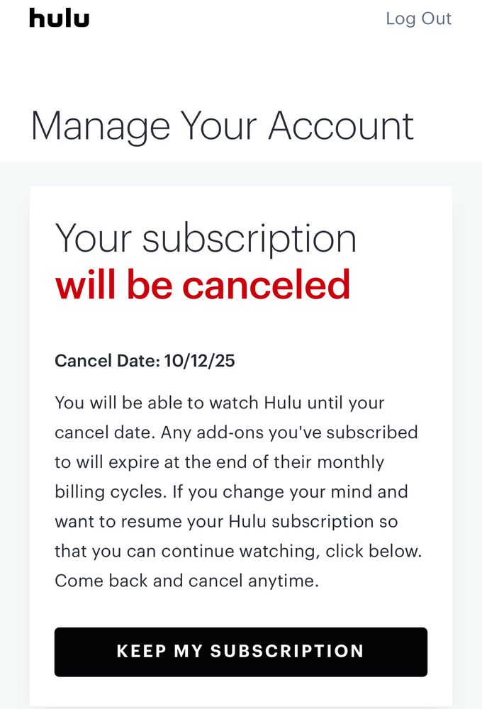 Screenshot of my cancelled Hulu subscription confirmation. 