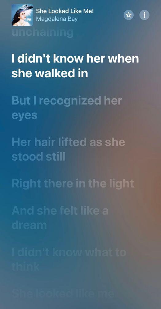apple music lyrics for she looked like me!

"didn't know her when she walked in

But I recognized her eyes

Her hair lifted as she stood still

Right there in the light

And she felt like a dream

I didn't know what to think"