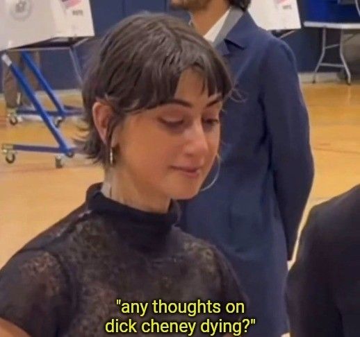 rama duwaji looking down while listening to someone asking "any thoughts on dick cheney dying?"