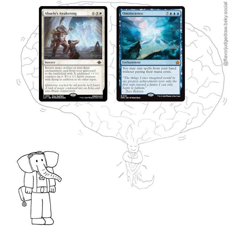 MTG flavor judge drawing depicting the cards Abuelo's Awakening and Omniscience: The loxodon planeswalker Quintorius Kand stares up at the translucent, ghostly spirit of Abuelo, who hovers in front of him. Abuelo's eyes are downturned and he wears a serene smile, his hands tucked into the folds of his poncho. However, the top of Abuelo's head is swollen into a massive, pulsing brain, which extends up into the top of the drawing behind the cards. Quintorius wears a blank expression.