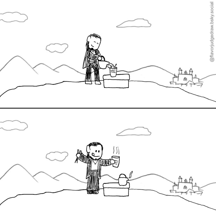 Drawing with two panels. In the top panel, the Final Fantasy XV character Gladiolus Amicitia stands on a rocky vista that overlooks a mountainous landscape, a picturesque castle far in the distance. Gladiolus wears a small smile, with closed smiling eyes, as he pours hot water from a kettle into a small cup that sits atop a small table. In the bottom panel, continuing on from the top panel, Gladiolus has set the kettle down on the table and picked up the cup, which now steams with heat. Gladiolus holds a pair of chopsticks with his other hand and looks at the cup with an anticipatory smile, his tongue sticking out.