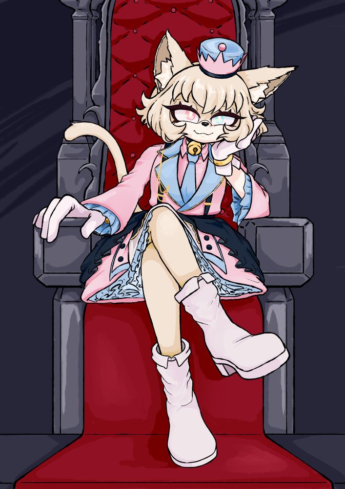 A blonde cat with trans colored outfit sitting crossed legged in a classic villain pose on a throne.