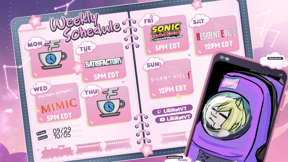 A pastel-colored weekly schedule for content creator LillikatVT, covering September 29 to October 5. Each day lists a stream title and time in EDT, including games like Satisfactory, FNAF: Mimic, Silent Hill F, and Resident Evil 2. Monday and Thursday feature coffee icons for days off. A character  in a purple Cat backpack appears on the right, with social media handles "@LillikatVT" at the bottom. Decorative stars and a train motif are scattered about.
