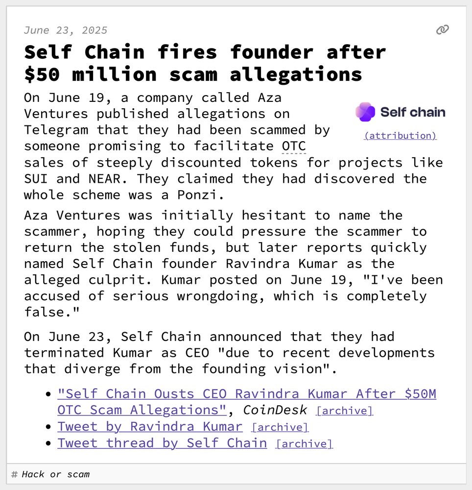 Self Chain fires founder after $50 million scam allegations
On June 19, a company called Aza Ventures published allegations on Telegram that they had been scammed by someone promising to facilitate OTC sales of steeply discounted tokens for projects like SUI and NEAR. They claimed they had discovered the whole scheme was a Ponzi.
Aza Ventures was initially hesitant to name the scammer, hoping they could pressure the scammer to return the stolen funds, but later reports quickly named Self Chain founder Ravindra Kumar as the alleged culprit. Kumar posted on June 19, "I've been accused of serious wrongdoing, which is completely false."
On June 23, Self Chain announced that they had terminated Kumar as CEO "due to recent developments that diverge from the founding vision".