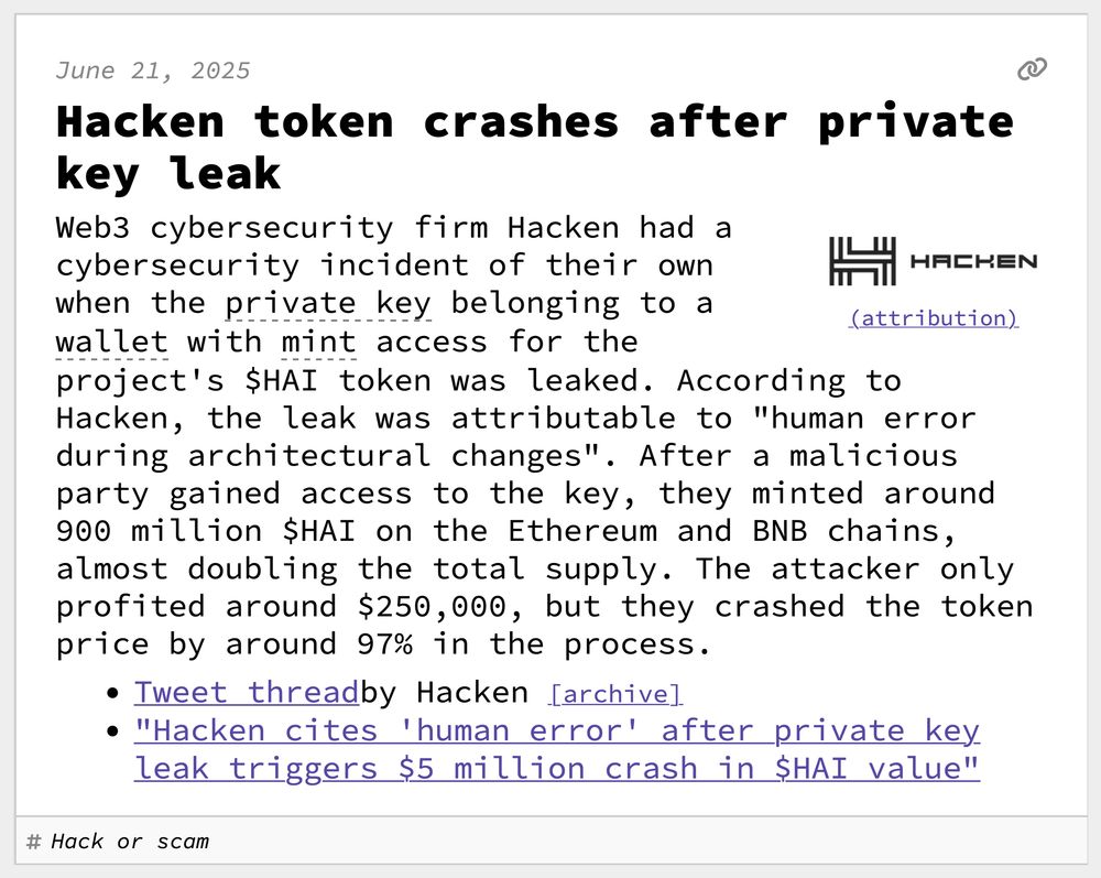 Hacken token crashes after private key leak
Web3 cybersecurity firm Hacken had a cybersecurity incident of their own when the private key belonging to a wallet with mint access for the project's $HAI token was leaked. According to Hacken, the leak was attributable to "human error during architectural changes". After a malicious party gained access to the key, they minted around 900 million $HAI on the Ethereum and BNB chains, almost doubling the total supply. The attacker only profited around $250,000, but they crashed the token price by around 97% in the process.