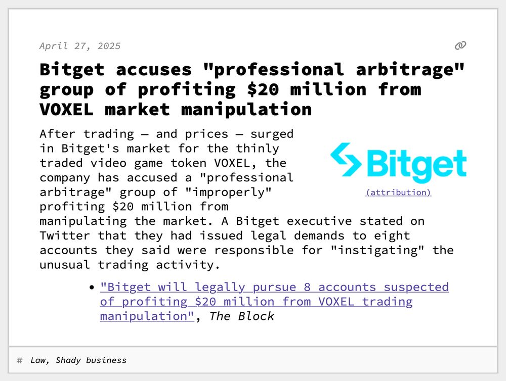 Bitget accuses "professional arbitrage" group of profiting $20 million from VOXEL market manipulation
After trading — and prices — surged in Bitget's market for the thinly traded video game token VOXEL, the company has accused a "professional arbitrage" group of "improperly" profiting $20 million from manipulating the market. A Bitget executive stated on Twitter that they had issued legal demands to eight accounts they said were responsible for "instigating" the unusual trading activity.