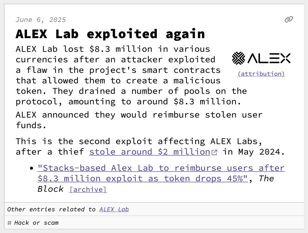 ALEX Lab exploited again
ALEX Lab lost $8.3 million in various currencies after an attacker exploited a flaw in the project's smart contracts that allowed them to create a malicious token. They drained a number of pools on the protocol, amounting to around $8.3 million.
ALEX announced they would reimburse stolen user funds.
This is the second exploit affecting ALEX Labs, after a thief stole around $2 million in May 2024.