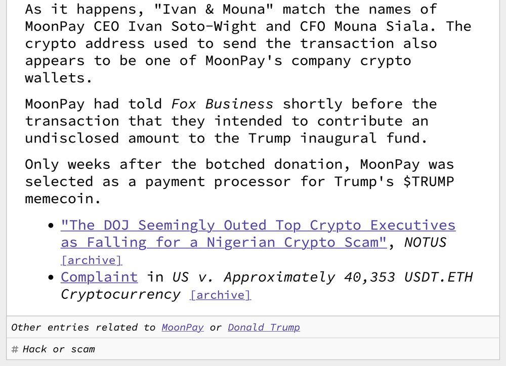 MoonPay had told Fox Business shortly before the transaction that they intended to contribute an undisclosed amount to the Trump inaugural fund. Only weeks after the botched donation, MoonPay was selected as a payment processor for Trump's $TRUMP memecoin. 