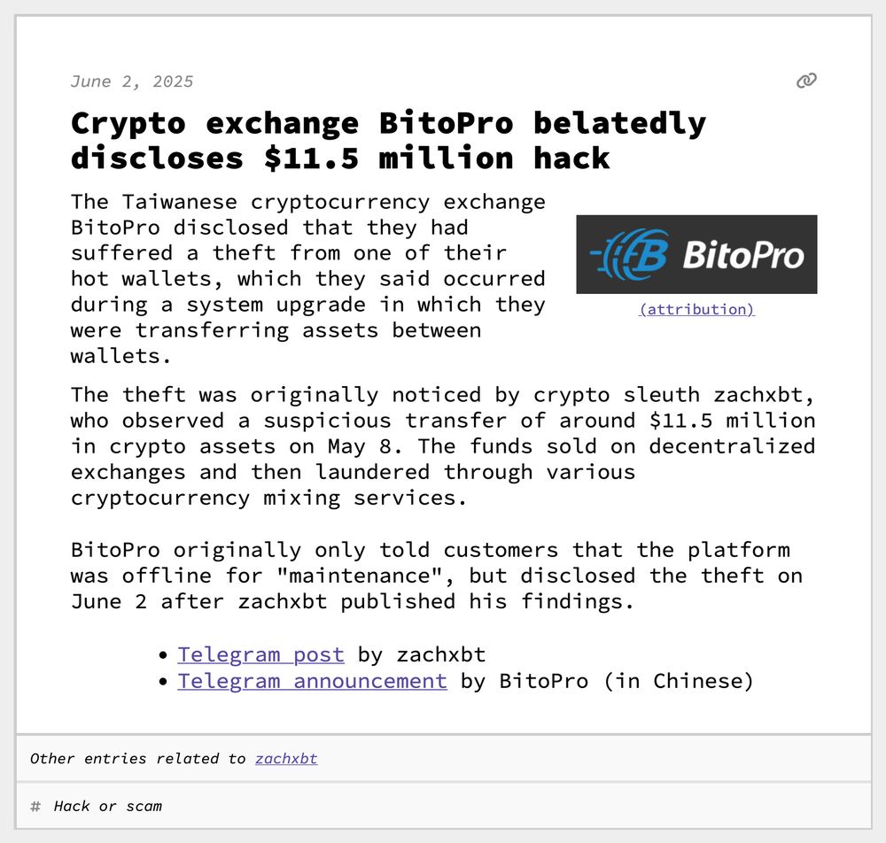 Crypto exchange BitoPro belatedly discloses $11.5 million hack
The Taiwanese cryptocurrency exchange BitoPro disclosed that they had suffered a theft from one of their hot wallets, which they said occurred during a system upgrade in which they were transferring assets between wallets.
The theft was originally noticed by crypto sleuth zachxbt, who observed a suspicious transfer of around $11.5 million in crypto assets on May 8. The funds sold on decentralized exchanges and then laundered through various cryptocurrency mixing services.
BitoPro originally only told customers that the platform was offline for "maintenance", but disclosed the theft on June 2 after zachxbt published his findings.