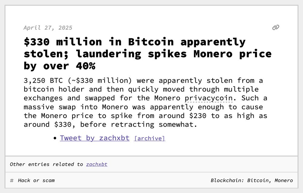 $330 million in Bitcoin apparently stolen; laundering spikes Monero price by over 40%
3,250 BTC (~$330 million) were apparently stolen from a bitcoin holder and then quickly moved through multiple exchanges and swapped for the Monero privacycoin. Such a massive swap into Monero was apparently enough to cause the Monero price to spike from around $230 to as high as around $330, before retracting somewhat.