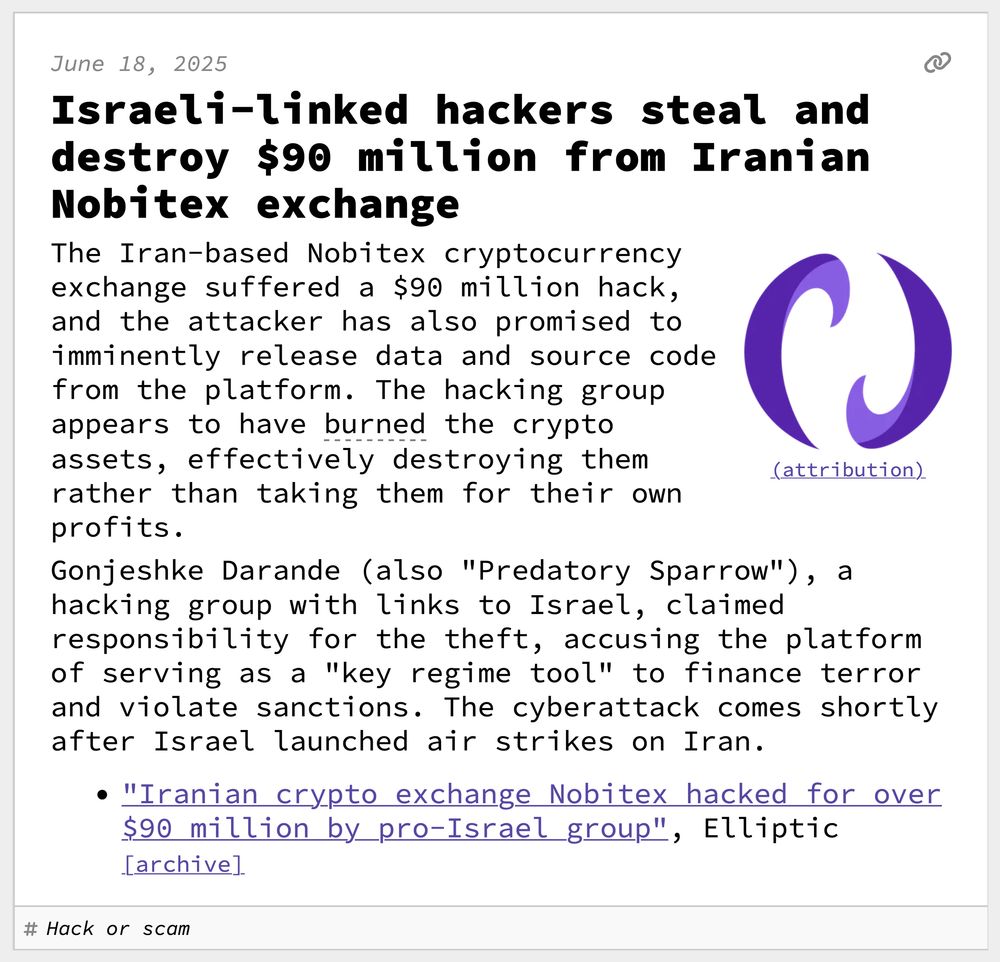 Israeli-linked hackers steal and destroy $90 million from Iranian Nobitex exchange
The Iran-based Nobitex cryptocurrency exchange suffered a $90 million hack, and the attacker has also promised to imminently release data and source code from the platform. The hacking group appears to have burned the crypto assets, effectively destroying them rather than taking them for their own profits.
Gonjeshke Darande (also "Predatory Sparrow"), a hacking group with links to Israel, claimed responsibility for the theft, accusing the platform of serving as a "key regime tool" to finance terror and violate sanctions. The cyberattack comes shortly after Israel launched air strikes on Iran.