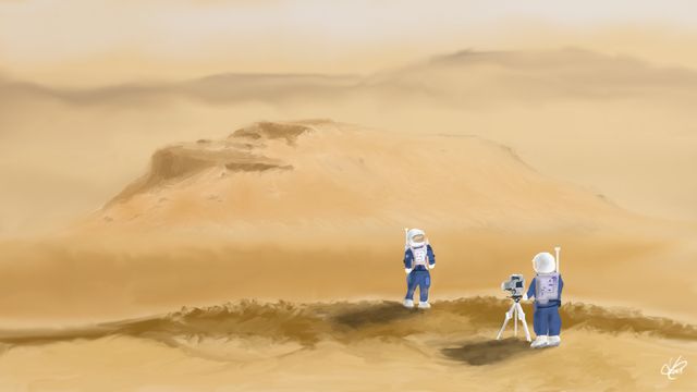 "Not My Best Side"

Two astronauts taking photographs on a ridge overlooking the west side of Kodiak butte