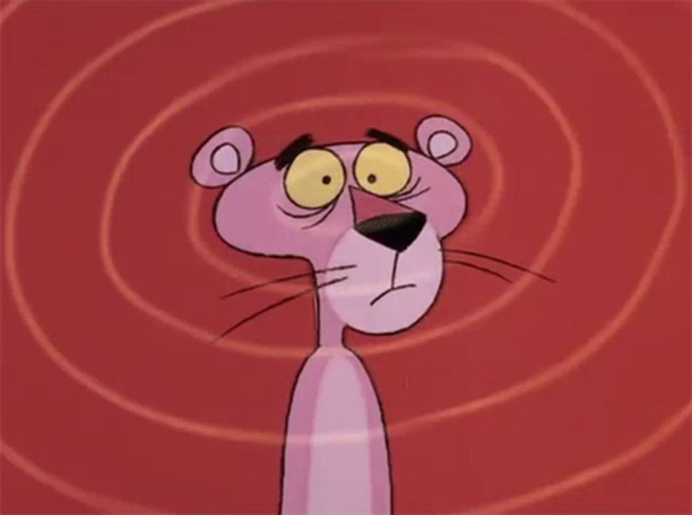 a pink panther with yellow eyes and a swirl around his head