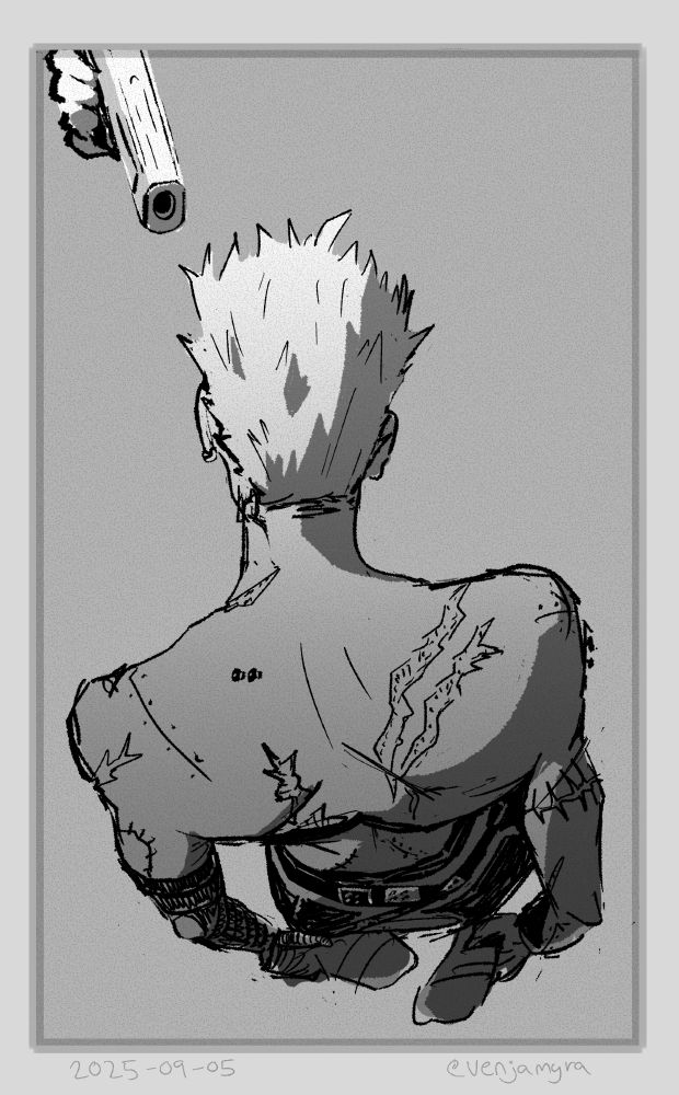 black and white drawing of Vash from Trigun. Vash is kneeling on the ground and we are looking at him from above and behind. He is shirtless, with his hands reaching down to grab his feet. We cannot see his face. A gun is pointed at his head. The art is dated 2025-09-05