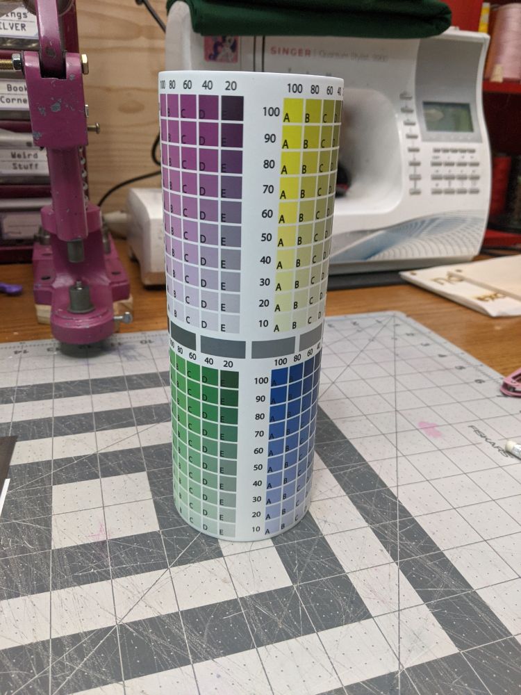 A sublimation tumbler blank. Several raster fields of different colors with varying saturation and brightness levels are printed on it.