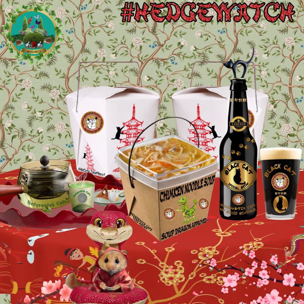 Chinese chicken noodles, black cat beer and cat nip tea all laid out on a lovely Chinese red table cloth. 
