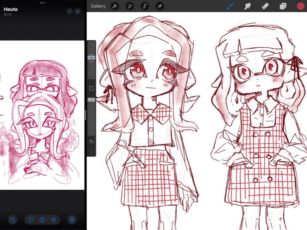 screenshot of an old wip (left) and a new wip (right) featuring my agent 4 x agent 8 oc ship from the game splatoon. monochrome pencil sketches.

left: agent 8 holding palettes from the side order story made, looking to the side without any color to be found in her tentacles. behind her is the grayscaled agent 4 with gray ink dripping down her hands as she is looking at her beloved 8.

right: cropped view of agent 8 and agent 4 in casual clothing. 8 looks at 4 with a dreamy expression, 4 looks more stern? idk she turned tsundere after side order lol and has gray ink still. it’s a pink x black ship. please understand the vision. i also gave her more “square” features based on their chunky fingers in comparison to 8 who is more of a sharp edges person. okay bye and thank you 👋