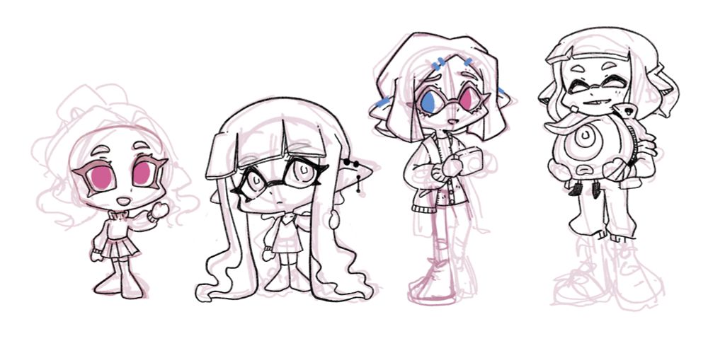 wip of two chibis and two semi-chibis