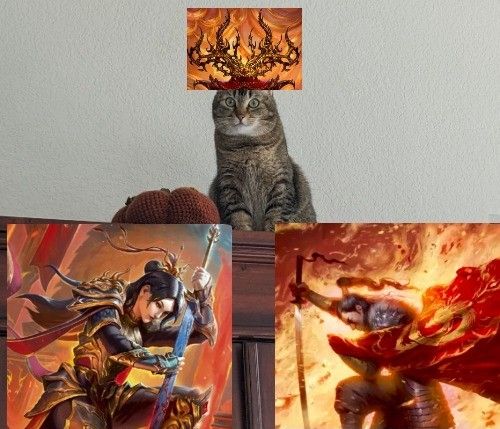 My cat (with a Crown of Dominion) looks over (poorly photoshopped) subjects