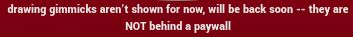 Text on the Strawpage gimmicks page. "drawing gimmicks aren't shown for now, will be back soon -- they are NOT behind a paywall"