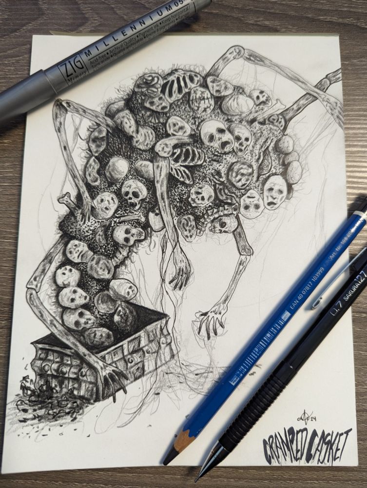 pencil drawing of a monster with a lot of arms and faces