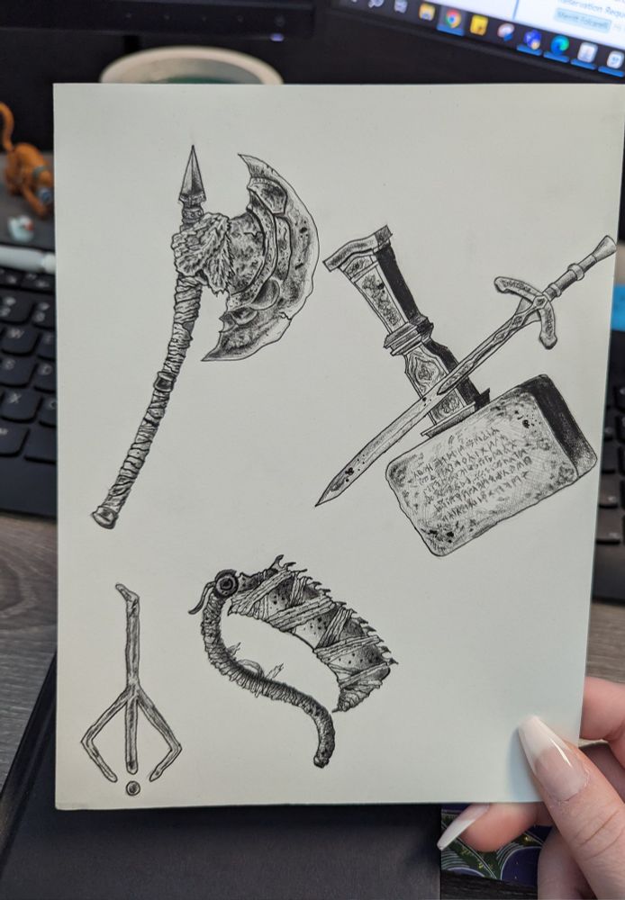 a pencil drawing of 3 weapons and the hunter's mark 