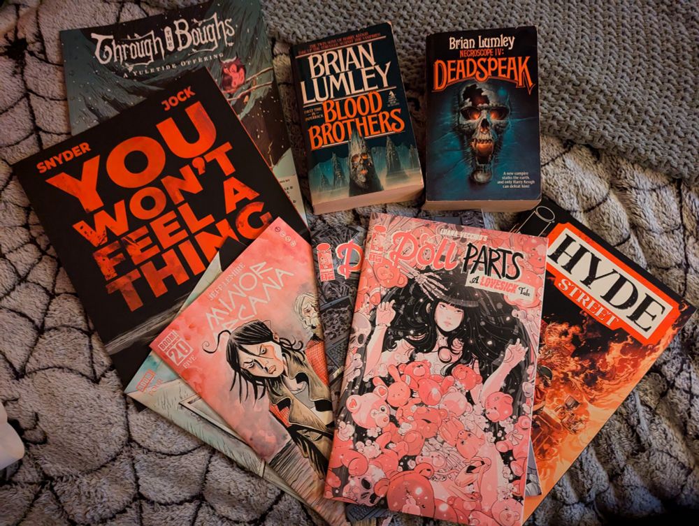 various comic books, titled "You Won't Feel A Thing", "Minor Arcana", "Doll Parts", and "Hyde Street". two books by Brian Lumley, Blood Brothers and Necroscope 4: Deadspeak