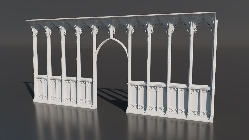 A rendering of a 3d model of the rood screen at St Helen's church, Ranworth, Norfolk. The model is very WIP. It is white and untextured and sits in a gray space with reflective floor. The rood loft is missing - that comes next!